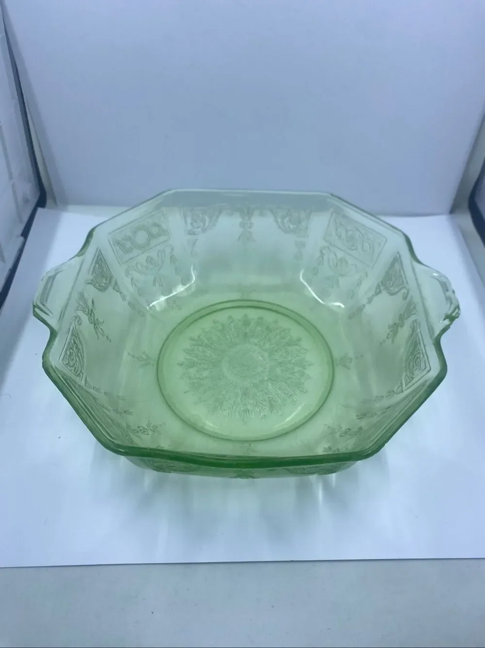 Uranium Anchor Hocking Princess Green Octagonal Depression Cereal Bowl 8” vtge